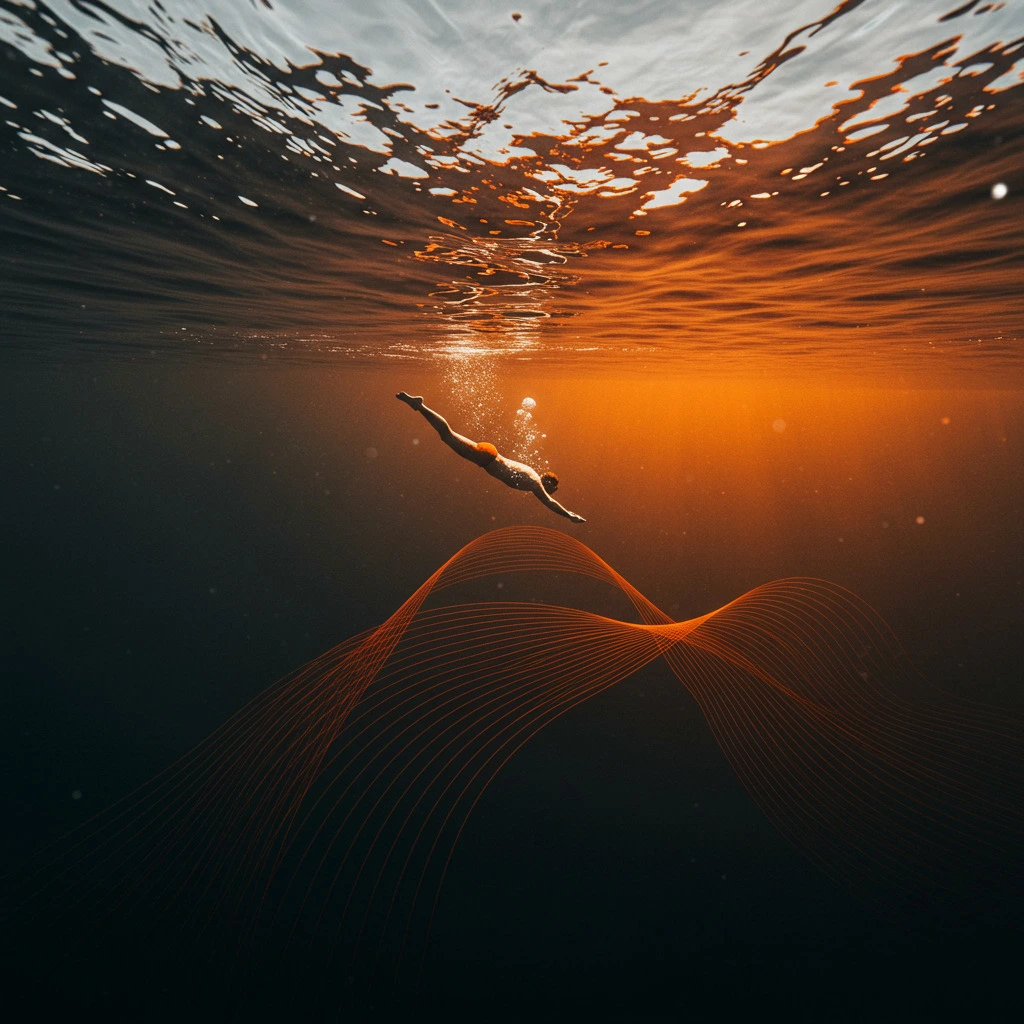 A man diving deep into the depths of the sea.