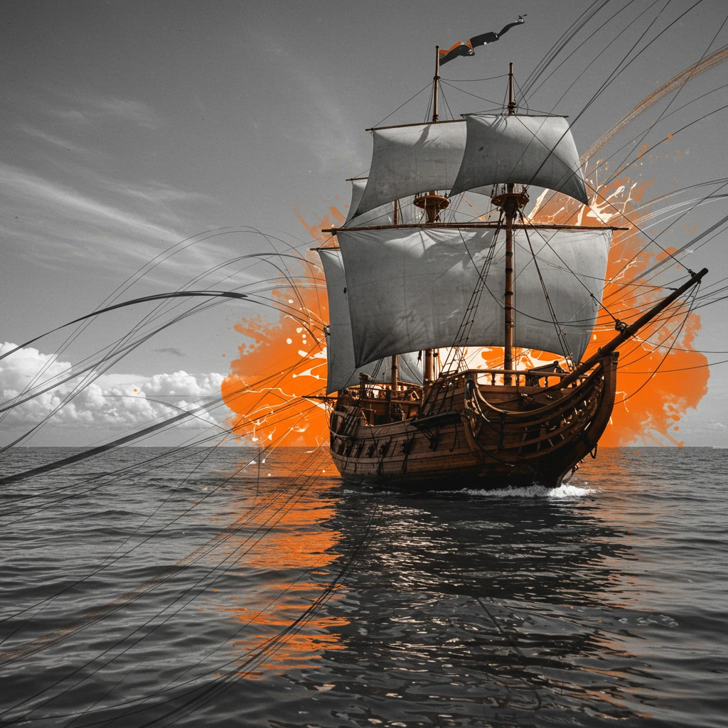 An old wooden trading ship navigating the wide ocean