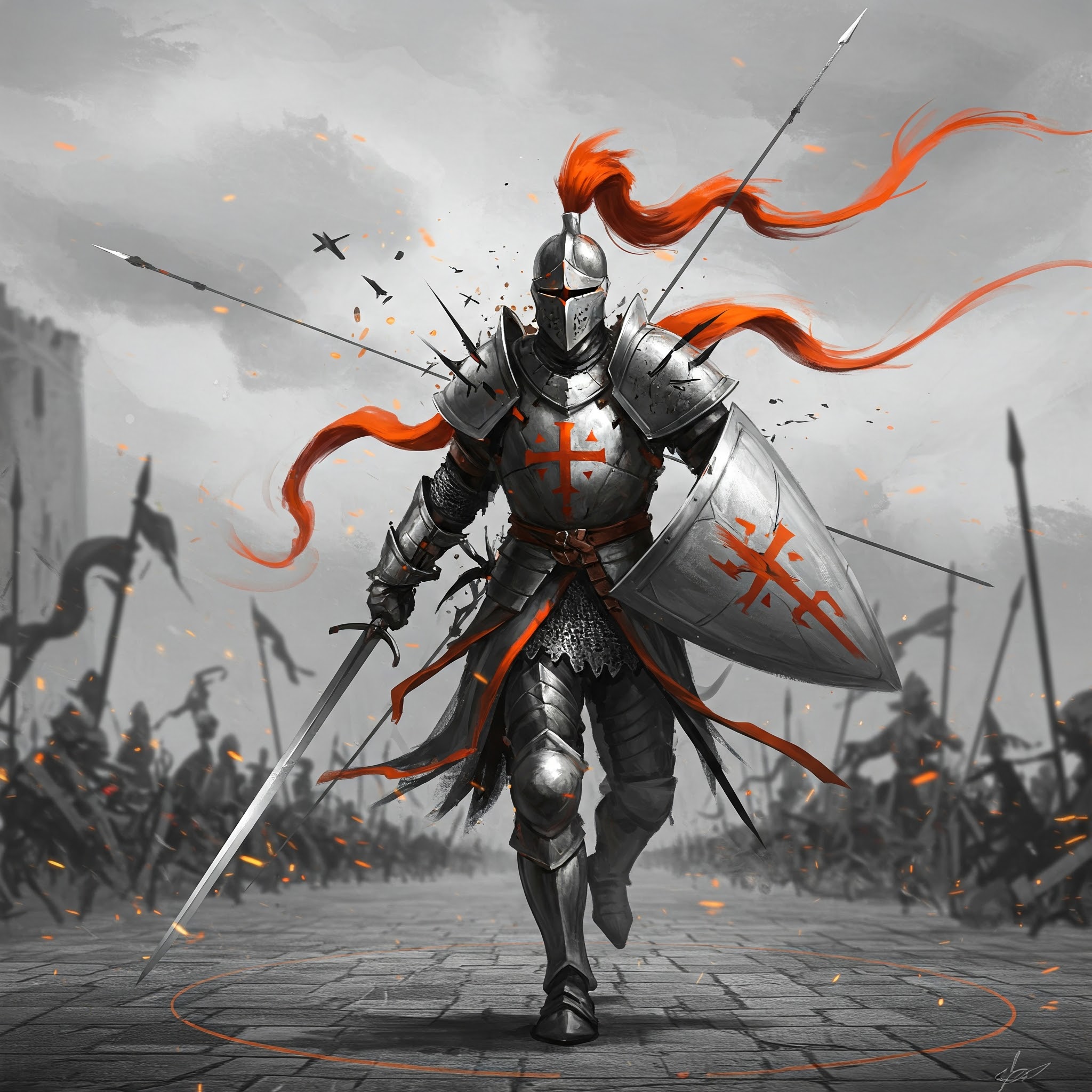 A knight in armor striding forward with his sword drawn.