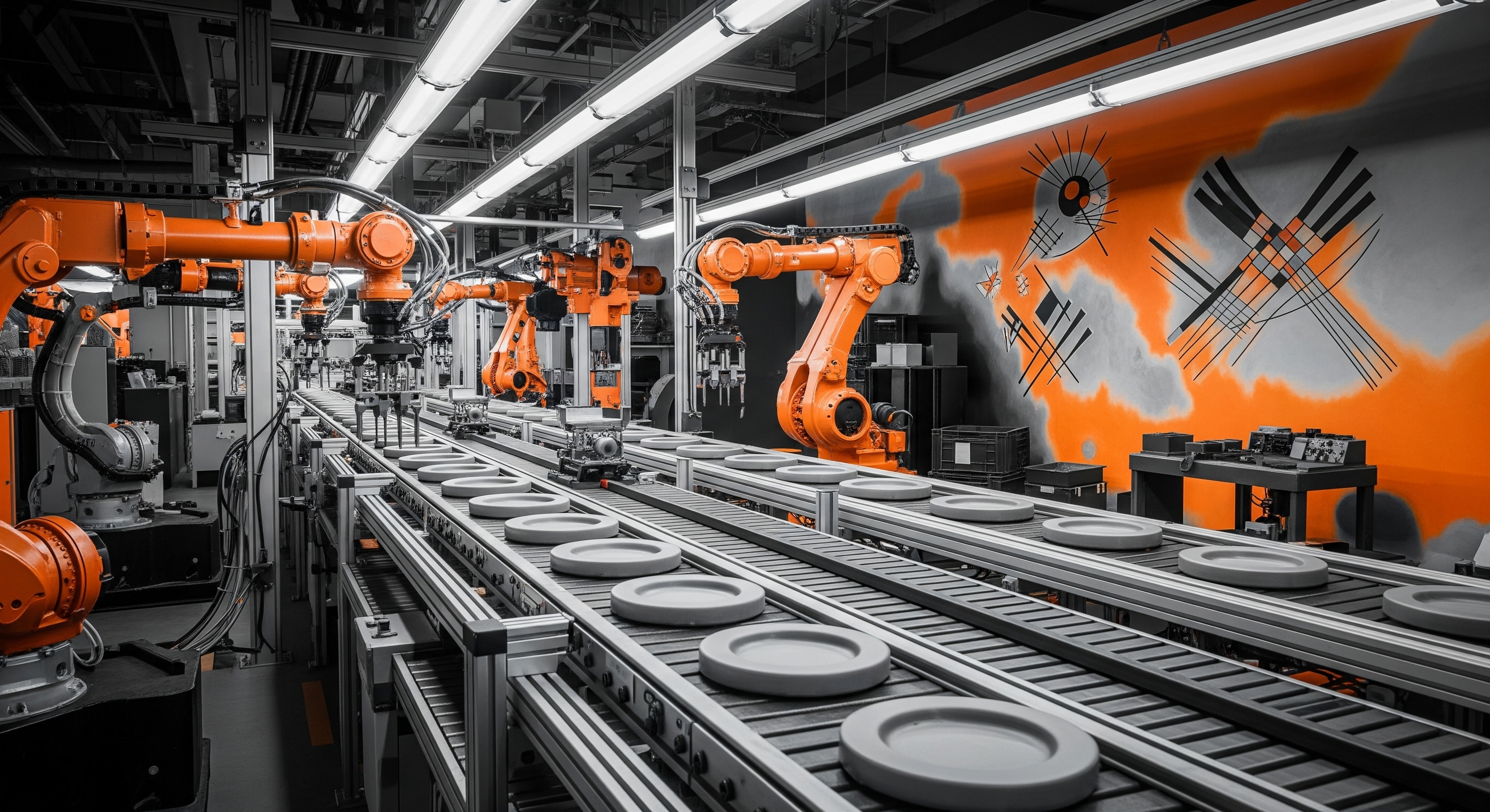 An assembly line with robot arms.